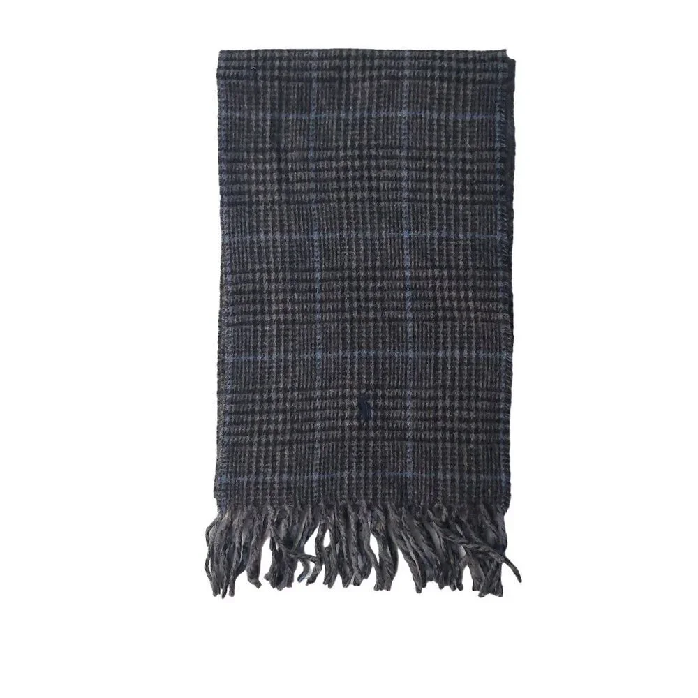 POLO Ralph Lauren Light Blue Black Gray Plaid Reversible Scarf Embroidered Logo